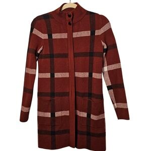 Tahari XS Plaid Sweater Coatigan Rust Brown Grid Long Knit Cardigan Pockets EUC